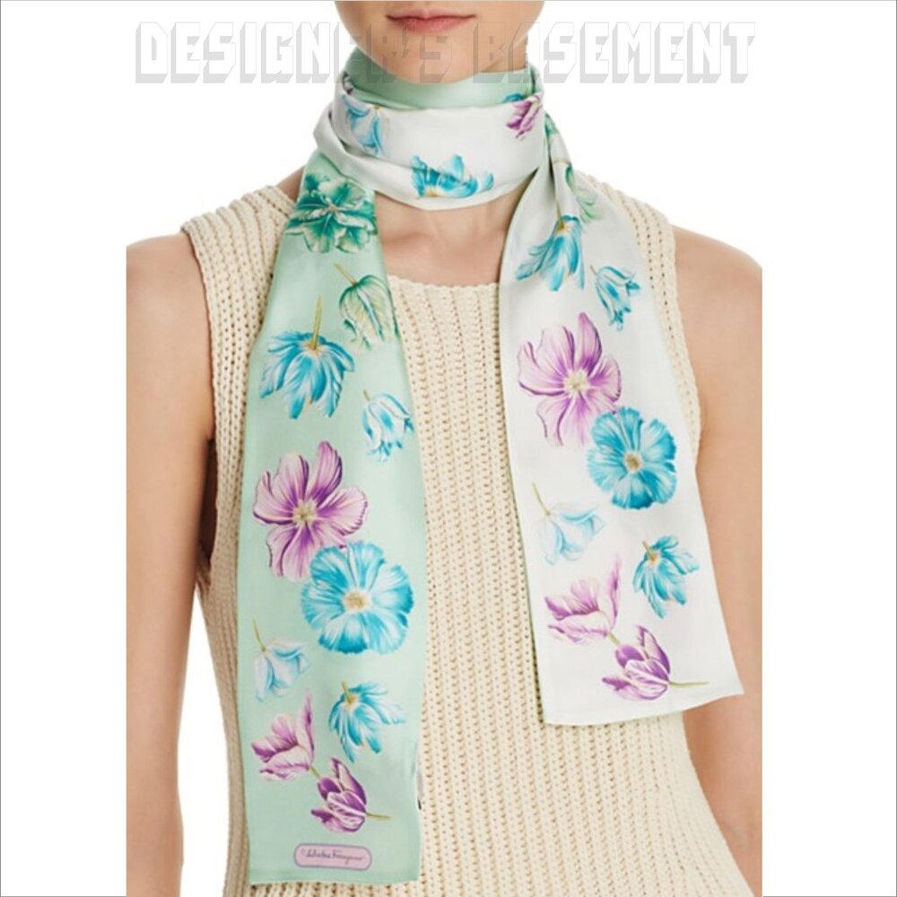 SALVATORE FERRAGAMO mint TULIPANI SKINNY long 2-sided silk twill scarf +envelope - Picture 2 of 6